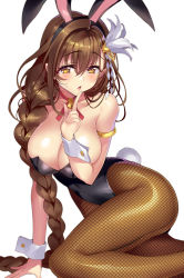 Rule 34 | 1girl, animal ears, arm support, bare shoulders, bell, blush, braid, breasts, brown eyes, brown hair, cleavage, collarbone, commentary request, detached collar, fake animal ears, finger to mouth, fishnet pantyhose, fishnets, hair ornament, hair over shoulder, highres, kanpani girls, large breasts, leotard, long hair, looking at viewer, mole, mole under eye, neck bell, pantyhose, parted lips, playboy bunny, rabbit ears, rabbit girl, rabbit tail, senri gan, shirayuri sakura, shushing, simple background, single braid, sitting, skindentation, solo, strapless, strapless leotard, tail, very long hair, white background, wrist cuffs