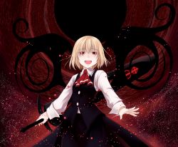 Rule 34 | 1girl, blonde hair, crote, darkness, embodiment of scarlet devil, ex-rumia, female focus, highres, huge weapon, rumia, smile, solo, sword, touhou, weapon, wings