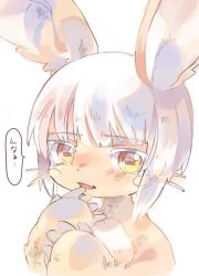 Rule 34 | 1other, animal ears, blunt bangs, bob cut, brown fur, catchphrase, chachi (azuzu), commentary request, fangs, furry, grey background, grey hair, hand to own mouth, hands up, horizontal pupils, inverted bob, looking at viewer, made in abyss, nanachi (made in abyss), other focus, parted lips, rectangular pupils, short hair, simple background, solo, speech bubble, translation request, upper body, whiskers, yellow eyes