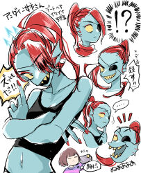 !? ... 1girl 1other black_tank_top blue_skin breasts brown_hair colored_sclera colored_skin eyepatch frisk_(undertale) g_c_hori grin highres laughing long_hair midriff multiple_views navel ponytail red_hair short_hair sketch smile tank_top teeth undertale undyne upper_body yellow_sclera