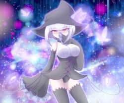 Rule 34 | 1girl, black legwear, bug, butterfly, chandelure, creatures (company), detached sleeves, game freak, gen 5 pokemon, hat, highres, insect, nintendo, personification, pokemon, red eyes, shiratsuki (royal moon), solo, white hair, witch hat