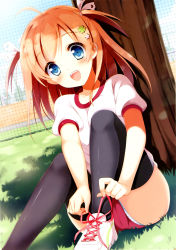 Rule 34 | 1girl, :d, absurdres, ahoge, black thighhighs, blue eyes, blush, brown hair, buruma, cameltoe, chain-link fence, dappled sunlight, dressing, dutch angle, fence, grass, gym shirt, gym uniform, head tilt, highres, knee up, looking at viewer, on grass, open mouth, outdoors, pan (mimi), panties, panties under buruma, pantyshot, plant, shade, shirt, shoes, sitting, smile, sneakers, solo, striped clothes, striped panties, sunlight, tareme, thighhighs, tree, two side up, tying shoes, under tree, underwear, white footwear, white panties