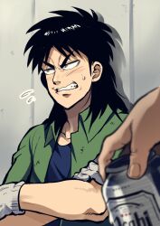 Rule 34 | 2boys, asahi breweries, beer can, black hair, black shirt, can, clenched teeth, commentary request, drink can, facial scar, flying sweatdrops, gloves, green shirt, grey eyes, holding, holding can, itou kaiji, kaiji, katatsumuri (kataaaaaaaaa), long hair, looking to the side, male focus, medium bangs, multiple boys, ootsuki (kaiji), parted bangs, scar, scar on cheek, scar on face, shirt, short sleeves, solo focus, teeth, upper body, white gloves