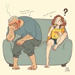 Rule 34 | 1boy, 1girl, ?, aaron gruber (o natsuo88), arm hair, barefoot, beard stubble, black tank top, blue eyes, blue shorts, blue sweater, blush, clenched hand, couch, covering face, eating, embarrassed, english text, facial hair, food, full body, grey hair, grey pants, holding, holding food, hunched over, jacket, leg hair, looking at another, mature male, medium hair, mustache, o natsuo88, old, old man, on couch, orange jacket, original, pants, receding hairline, red hair, shirt, short hair, short shorts, shorts, sitting, stubble, sweater, sweatpants, tank top, thick eyebrows, wavy hair, wrinkled skin, yellow background