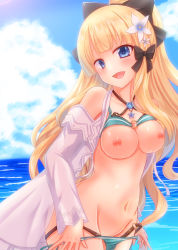 Rule 34 | 1girl, absurdres, aqua bikini, beach, bikini, blonde hair, bow, breasts, cleavage, cloud, collarbone, commentary request, day, flower, groin, hair bow, hair flower, hair ornament, hair ribbon, heart, heart-shaped pupils, highres, jacket, jewelry, layered bikini, long hair, looking at viewer, medium breasts, navel, necklace, nipples, open mouth, pointy ears, princess connect!, ribbon, saren (princess connect!), saren (summer) (princess connect!), sky, solo, star (symbol), star necklace, swimsuit, symbol-shaped pupils