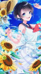 Rule 34 | 1girl, absurdres, armpit crease, bare arms, black hair, blue eyes, blue sailor collar, blue sky, cloud, commentary request, day, dress, earrings, flower, from side, hat, highres, hololive, jewelry, looking at viewer, muto (n0sug4r), nail polish, neckerchief, oozora subaru, open mouth, outdoors, red neckerchief, sailor collar, short hair, sky, sleeveless, sleeveless dress, smile, solo, star (symbol), star earrings, straw hat, sun hat, sundress, sunflower, sunlight, virtual youtuber, water, water drop, white dress, yellow nails