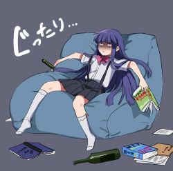 Rule 34 | 1girl, black skirt, blue hair, blunt bangs, book, bottle, bow, commentary request, couch, furude rika, grey background, higurashi no naku koro ni, holding, kneehighs, long hair, lying, no shoes, noriuma, on back, open book, pillow, pink bow, pleated skirt, shaded face, shirt tucked in, short sleeves, skirt, socks, solo, suspender skirt, suspenders, translation request, white socks