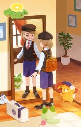 Rule 34 | 1girl, alternate hairstyle, backpack, bag, blonde hair, brown bag, brown eyes, collared shirt, commentary request, creatures (company), game freak, gen 2 pokemon, grin, hat, highres, indoors, juliana (pokemon), ma-hain-scarlet, mirror, necktie, nintendo, orange necktie, pawmi, plant, pokemon, pokemon (creature), pokemon sv, ponytail, potted plant, purple shorts, reflection, shirt, shoes, shorts, skiploom, smile, socks, sprigatito, standing, sweater vest, teeth, white shirt, yarn, yarn ball