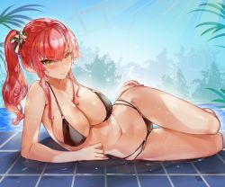 Rule 34 | 1girl, alracoco, azur lane, bare arms, bare legs, bare shoulders, bikini, black bikini, blush, breasts, cleavage, closed mouth, collarbone, commentary, day, hand on own hip, large breasts, looking at viewer, lying, medium hair, o-ring, o-ring bikini, o-ring bottom, o-ring top, on side, outdoors, pool, poolside, red hair, side ponytail, sidelocks, skindentation, smile, solo, sunlight, swimsuit, thigh gap, thighs, wavy hair, yellow eyes, zara (azur lane), zara (poolside coincidence) (azur lane)