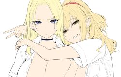 Rule 34 | 2girls, annoyed, black choker, blonde hair, yui (sky-freedom), blue eyes, breasts, choker, cleavage, collared shirt, earrings, facing viewer, hair ornament, hair scrunchie, high ponytail, hug, jewelry, large breasts, long hair, looking at viewer, multiple girls, no bra, open clothes, open shirt, original, rena (sky-freedom), scrunchie, shirt, short sleeves, simple background, sky-freedom, smile, upper body, v, white background, white shirt, yui (sky-freedom)