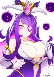 Rule 34 | 1girl, bare shoulders, blush, breasts, center opening, cleavage, collarbone, elbow gloves, eyepatch, gloves, hand on breast, large breasts, league of legends, lolboja, magical girl, pink hair, purple eyes, purple hair, smile, solo, star guardian (league of legends), star guardian syndra, syndra, white gloves