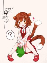 Rule 34 | 2girls, :d, ?, animal ears, ass, blush, bow, bowtie, brown eyes, brown hair, cat ears, cat tail, chaki (kinaneko2149), chen, commentary request, fang, full body, grey background, hat, heart, highres, holding, holding clothes, holding hat, knees together feet apart, looking at viewer, mary janes, multiple girls, multiple tails, nekomata, no socks, one-hour drawing challenge, open mouth, panties, pantyshot, red eyes, red skirt, red vest, shoes, short hair, simple background, sitting, skirt, skirt set, smile, solo focus, spoken question mark, tail, touhou, two tails, underwear, unworn hat, unworn headwear, vest, white bow, white bowtie, yakumo ran