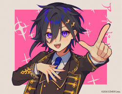 Rule 34 | 1boy, :d, amenochi hare, black hair, black jacket, black nails, black vest, blue necktie, buttons, collared shirt, copyright notice, double-breasted, fangs, gold trim, hair between eyes, hair ornament, hairclip, hand on own chest, highres, holostars, holostars idol uniform (2nd act), idol clothes, jacket, kanade izuru, lapels, light blush, lightning bolt, lightning bolt hair ornament, lightning bolt symbol, long sleeves, looking at viewer, male focus, necktie, notched lapels, official alternate costume, official art, open mouth, oshi no ko, outside border, outstretched arm, pink background, pointing, pointing at viewer, purple eyes, shirt, short hair, slit pupils, smile, solo, sparkle, teeth, upper body, vest, virtual youtuber, white shirt
