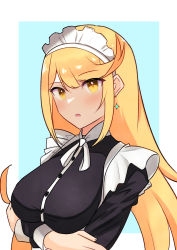 Rule 34 | 1girl, absurdres, blonde hair, breasts, earrings, highres, jewelry, large breasts, long hair, maid, maid headdress, mythra (xenoblade), reason3 s, solo, swept bangs, very long hair, xenoblade chronicles (series), xenoblade chronicles 2, yellow eyes
