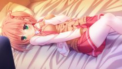 Rule 34 | 1girl, bed, character request, female focus, game cg, green eyes, lying, orange hair, pantyhose, school uniform, short hair, skirt, solo, source request, tagme, white pantyhose, yayoi and nagi