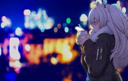 Rule 34 | 1girl, ahoge, animal ears, blowing, blurry, blurry background, blush, city lights, coat, cold, cup, earrings, fur-trimmed coat, fur trim, grey eyes, grey hair, hair between eyes, highres, holding, holding cup, hololive, jewelry, lion ears, lion girl, long hair, mikan (chipstar182), profile, shishiro botan, solo, virtual youtuber