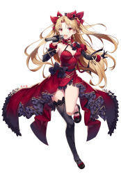 Rule 34 | 1girl, black gloves, black thighhighs, blonde hair, blush, dress, ereshkigal (fate), fate/grand order, fate (series), flower, full body, gabiran, gloves, hair flower, hair ornament, hair ribbon, holding, holding microphone, long hair, looking at viewer, microphone, open mouth, red dress, red eyes, red flower, red ribbon, red rose, ribbon, rose, simple background, single thighhigh, skull, solo, standing, thighhighs, white background