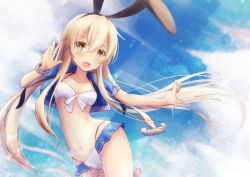 Rule 34 | 1girl, anchor hair ornament, bikini, black hairband, blonde hair, blue jacket, blue sky, breasts, cloud, commentary request, cowboy shot, cropped jacket, grey eyes, hair ornament, hairband, highres, jacket, kantai collection, long hair, looking at viewer, shimakaze (kancolle), sky, small breasts, smile, solo, swimsuit, white bikini, yomitsuna