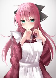 Rule 34 | 1girl, absurdres, apron, aqua eyes, black bow, blush, bow, closed mouth, commentary, cowboy shot, eyes visible through hair, frilled sleeves, frills, hair between eyes, hair bow, hands up, heart, heart hands, highres, japanese clothes, kimono, long hair, long sleeves, looking at viewer, maid, maid apron, maniwa roka, mole, mole under eye, pinky out, pinstripe kimono, purple hair, purple kimono, senren banka, shy, sidelighting, simple background, smile, solo, standing, takagi-18102817, tsurime, very long hair, wa maid, white apron, white background, wide sleeves