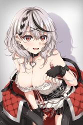 Rule 34 | 1girl, absurdres, black gloves, black hair, blush, braid, breasts, camisole, cleavage, collar, fang, fingerless gloves, gloves, grey hair, hair ornament, highres, hololive, large breasts, looking at viewer, medium hair, multicolored hair, off-shoulder jacket, off shoulder, open mouth, oshimaidebu, plaid, plaid skirt, red eyes, sakamata chloe, skirt, solo, streaked hair, sweat, virtual youtuber, white camisole, x hair ornament