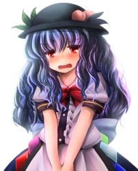 Rule 34 | 1girl, alternate hairstyle, blue hair, blush, bow, curly hair, food, fruit, hat, highres, hinanawi tenshi, long hair, looking at viewer, maru daizu (aqua6233), peach, red eyes, simple background, solo, touhou, white background
