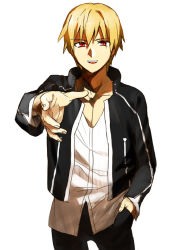 Rule 34 | 1boy, blonde hair, casual, doraiga-rei, fate/stay night, fate (series), gilgamesh (fate), looking at viewer, male focus, official alternate costume, outstretched hand, pov, red eyes, simple background, solo, white background