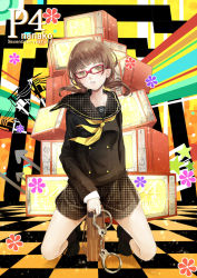 Rule 34 | 1girl, aged up, atlus, bad id, bad pixiv id, brown eyes, brown hair, character name, checkered floor, cuffs, doujima nanako, floor, glasses, handcuffs, houndstooth, kneeling, low twintails, megami tensei, parted lips, persona, persona 4, red-framed eyewear, reio reio, school uniform, shin megami tensei, solo, television, twintails