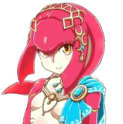 Rule 34 | 1girl, breasts, closed mouth, collarbone, colored skin, crescent, eyelashes, fins, fish girl, gem, gills, gold trim, headpiece, highres, jewelry, looking at viewer, mipha, multicolored skin, necklace, nintendo, no nipples, orange eyes, pink skin, simple background, single bare shoulder, small breasts, smile, solo, the legend of zelda, the legend of zelda: breath of the wild, two-tone skin, upper body, white background, white skin, yokoyoko (nazonazo), zora