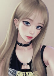 Rule 34 | 1girl, aespa, black collar, blonde hair, blue eyes, collar, earrings, hair behind ear, head tilt, highres, jewelry, k-pop, karina (aespa), lips, long hair, looking at viewer, mole, mole under mouth, real life, simple background, solo, umigraphics, upper body