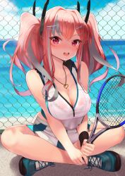 Rule 34 | 1girl, :d, azur lane, black bra, blue footwear, blush, bra, breasts, bremerton (azur lane), bremerton (scorching-hot training) (azur lane), chain-link fence, cleavage, fence, grey hair, hair ornament, hairclip, highres, holding, indian style, jewelry, large breasts, looking at viewer, multicolored hair, nail polish, necklace, nose blush, ocean, on ground, open mouth, pink eyes, racket, red hair, red nails, rin2008, see-through, shoes, sitting, smile, sneakers, solo, sportswear, streaked hair, sweat, sweatband, tennis racket, tennis uniform, twintails, two-tone hair, underwear, water, x hair ornament