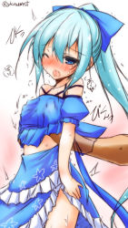 Rule 34 | 1girl, blue hair, blush, grabbing another&#039;s breast, cowboy shot, flower knight girl, grabbing, highres, nerine (flower knight girl), ponytail, solo focus, umesato yukino, wince