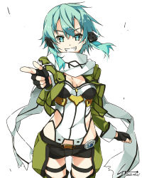 Rule 34 | 1girl, aqua eyes, aqua hair, black shorts, breasts, chaps, covered navel, cropped jacket, green jacket, hair ornament, hairclip, highres, jacket, looking at viewer, medium breasts, parted lips, pointing, pointing at viewer, scarf, shikei, shiny skin, short hair, shorts, simple background, sinon, smile, solo, standing, sword art online, teeth, white background