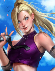 Rule 34 | 1girl, bare shoulders, blonde hair, blue eyes, blue sky, blush, breasts, buttons, cloud, crop top, day, detached sleeves, earrings, eyelashes, fishnets, hair ornament, hair over one eye, hairclip, halterneck, halterneck, highres, holding, jewelry, konohagakure symbol, lips, long hair, medium breasts, naruto (series), naruto shippuuden, nose, parted lips, petals, ponytail, realistic, sakimichan, sky, sleeveless, solo, upper body, v, yamanaka ino