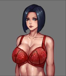 Rule 34 | 1girl, bad id, bad pixiv id, bare shoulders, black hair, bra, breasts, brown eyes, cleavage, collarbone, commentary request, jin yi dui, lace, lace bra, large breasts, looking at viewer, midriff, original, parted lips, short hair, solo, underwear