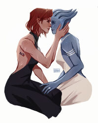 Rule 34 | 2girls, absurdres, armlet, asari (mass effect), back cutout, black dress, blue skin, clothing cutout, colored skin, commentary, couple, dress, elithien, english commentary, highres, jewelry, liara t&#039;soni, looking at another, mass effect (series), mass effect 1, multiple girls, necklace, red hair, ring, shiara, short hair, simple background, sitting, white background, white dress