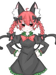Rule 34 | 1girl, :/, ahoge, animal ear fluff, animal ears, black bow, black dress, black tail, blush, bow, bowtie, braid, cat ears, cat tail, closed mouth, cowboy shot, dress, extra ears, fang, fang out, frilled dress, frilled sleeves, frills, fumomono, furrowed brow, glaring, hair between eyes, hair bow, hands on own hips, highres, juliet sleeves, kaenbyou rin, long hair, long sleeves, looking at viewer, multiple tails, nekomata, puffy sleeves, red bow, red bowtie, red eyes, red hair, simple background, skin fang, solo, tail, touhou, tsurime, twin braids, two tails, white background