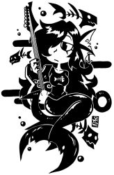 Rule 34 | 1girl, anchor, anchor earrings, arm behind back, breasts, bubble, closed mouth, collarbone, earrings, fingernails, fins, fish bone, full body, greyscale, guitar, hair ornament, head fins, instrument, jewelry, large breasts, long hair, mermaid, monochrome, monster girl, original, setz, solo, transparent background