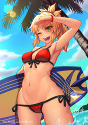 Rule 34 | 1girl, ;d, armpits, bikini, blonde hair, blue sky, breasts, cloud, cowboy shot, day, fate/grand order, fate (series), green eyes, looking at viewer, medium breasts, mordred (fate), mordred (fate) (all), mordred (fate/apocrypha), mordred (swimsuit rider) (fate), mordred (swimsuit rider) (first ascension) (fate), navel, ocean, one eye closed, open mouth, outdoors, palm tree, partially submerged, patreon username, ponytail, qblade, red bikini, short hair, side-tie bikini bottom, signature, sky, smile, solo, standing, string bikini, swimsuit, teeth, tree, wading, water, wet
