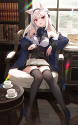 Rule 34 | 1girl, absurdres, animal ears, bare shoulders, black skirt, black thighhighs, book, book on lap, bookshelf, chair, hairband, highres, holding, holding quill, off shoulder, open book, original, pleated skirt, quill, rainbow, red eyes, sagiri (ulpha220), sitting, skirt, solo, thighhighs, white hair, window