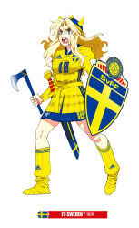 Rule 34 | 1girl, 2018 fifa world cup, adidas, axe, boots, fake horns, full body, hair between eyes, hair intakes, helmet, horned helmet, horns, long hair, open mouth, shield, simple background, soccer, solo, sweden, swedish flag, white background, world cup, yellow footwear, yu yanshu