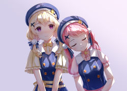 Rule 34 | 2girls, bad id, bad pixiv id, bang dream!, beret, blonde hair, blue dress, blue headwear, blush, closed eyes, closed mouth, collarbone, collared dress, commentary, dress, frilled sleeves, frills, hair between eyes, hair ornament, hat, long hair, lunacle, maruyama aya, multiple girls, neck ribbon, pink hair, pink ribbon, pink shirt, puffy short sleeves, puffy sleeves, purple background, purple eyes, ribbon, shirasagi chisato, shirt, short sleeves, skirt, sleeveless, sleeveless dress, twintails, upper body, x hair ornament, yellow ribbon, yellow skirt, yuri
