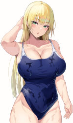 Rule 34 | 1girl, :o, absurdres, alternate breast size, bare arms, bare shoulders, blonde hair, blue one-piece swimsuit, blush, breasts, cleavage, cowboy shot, green eyes, hand up, head tilt, heanna sumire, highleg, highleg swimsuit, highres, large breasts, long hair, looking at viewer, love live!, love live! superstar!!, namazu (yamasonson), one-piece swimsuit, open mouth, simple background, skindentation, swimsuit, thighs, wet, white background