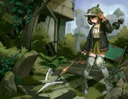 Rule 34 | 1girl, adjusting clothes, adjusting headwear, armor, bandaid, bandaid on face, black jacket, boots, bright pupils, brown hair, car, chess piece, collared shirt, eyelashes, fence, green eyes, green skirt, helmet, highres, holding, holding polearm, holding weapon, jacket, knee boots, knight, motor vehicle, open clothes, open jacket, original, overgrown, pawn (chess), pink ribbon, polearm, post-apocalypse, ribbon, rladbsckd92, ruins, rust, shirt, short hair, sign, skirt, solo, tongue, tongue out, traffic light, tree, weapon, white pupils, white shirt