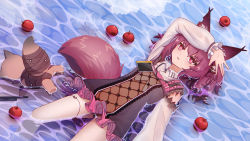 Rule 34 | 1girl, animal ears, apple, arknights, arm over head, burnt clothes, chinese commentary, commentary request, diamond-shaped pupils, diamond (shape), dress, feet out of frame, food, fox ears, fox girl, fox tail, from above, fruit, hair ornament, highres, id card, in water, long hair, long sleeves, lxjun 09, lying, navel, no legwear, on back, open mouth, partially submerged, pink hair, purple dress, see-through dress, shamare (arknights), see-through, shirt, skull hair ornament, solo, stuffed toy, symbol-shaped pupils, tail, thigh strap, twintails, water, white shirt