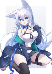 Rule 34 | 1girl, animal ear fluff, animal ears, between legs, black skirt, black thighhighs, blue collar, blue eyes, blue jacket, boots, breasts, brown footwear, camisole, cleavage, collar, collarbone, criss-cross halter, fox ears, fox girl, fox tail, grey background, grey hair, hair between eyes, hair ornament, hairclip, halterneck, hand between legs, jacket, long hair, long sleeves, looking to the side, medium breasts, off shoulder, open clothes, open jacket, open mouth, original, pleated skirt, shirogane kasane, skirt, sleeves past wrists, solo, surume aburi, tail, thighhighs, thighhighs under boots, two-tone background, very long hair, white background, white camisole