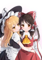 Rule 34 | 2girls, absurdres, apron, ascot, blonde hair, blush, bow, brown hair, closed mouth, commentary request, detached sleeves, frilled bow, frilled hair tubes, frills, hair bow, hair tubes, hakurei reimu, hat, hat bow, highres, hug, kirisame marisa, long hair, midriff, multiple girls, open mouth, red bow, red skirt, short sleeves, skirt, skirt set, touhou, umigamezo, white apron, witch hat, yellow eyes, yuri
