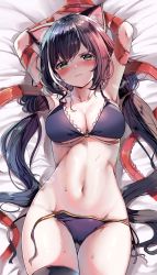 Rule 34 | 1girl, absurdres, animal ear fluff, animal ears, armpits, arms up, bare shoulders, bikini, black hair, blush, bound, breasts, cat ears, cat tail, cowboy shot, green eyes, groin, highres, karyl (princess connect!), large breasts, long hair, looking at viewer, low twintails, multicolored hair, navel, o-ring, o-ring bikini, princess connect!, purple bikini, red ribbon, ribbon, sak (lemondisk), solo, stomach, streaked hair, sweat, swimsuit, tail, tearing up, tears, twintails, untied bikini, v-shaped eyebrows, very long hair, white hair