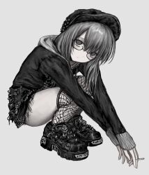 1girl black_hat black_hoodie chan8016 cigarette fishnet_thighhighs fishnets glasses goth_fashion grey_hair hat highres holding holding_cigarette hood hoodie long_hair muted_color original painterly pale_skin pentagram shoes solo spiked_shoes spikes squatting thighhighs