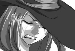Rule 34 | 1girl, close-up, closed eyes, commentary, crying, dragon&#039;s crown, greyscale, hat, long hair, matsu-sensei, monochrome, solo, sorceress (dragon&#039;s crown), tears, witch hat