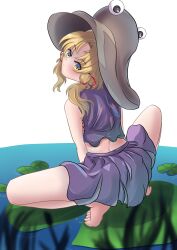 Rule 34 | 154kuro, 1girl, absurdres, back, bare shoulders, barefoot, blonde hair, blush, brown hat, closed mouth, commentary request, expressionless, eyes visible through hair, floating hair, from behind, full body, hair ribbon, hat, head tilt, highres, leaf, leaf on liquid, looking at viewer, looking back, miniskirt, moriya suwako, no shirt, outdoors, parted bangs, purple skirt, purple vest, pyonta, red ribbon, ribbon, ripples, short hair with long locks, simple background, skirt, slit pupils, solo, spread legs, squatting, tiptoes, toes, touhou, tress ribbon, vest, water, white background, yellow eyes